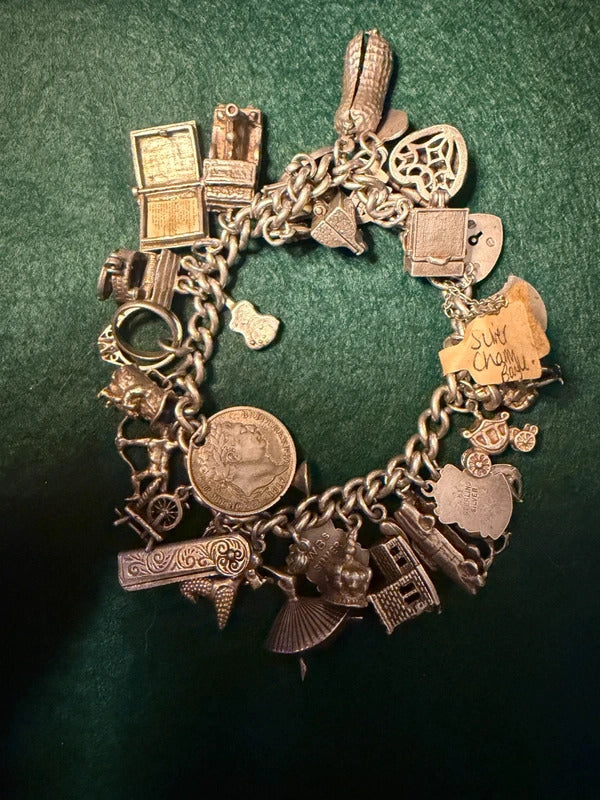 Antique Sterling Silver Charm Bracelet - 89.1g