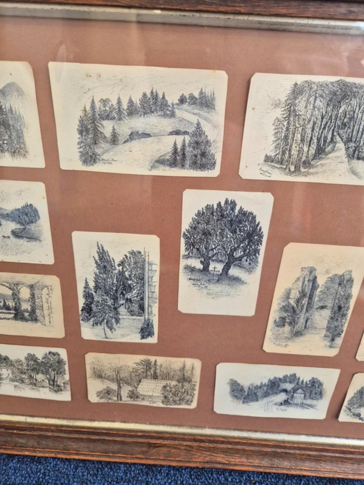 Vintage Black and White Framed Rural Scene Sketches