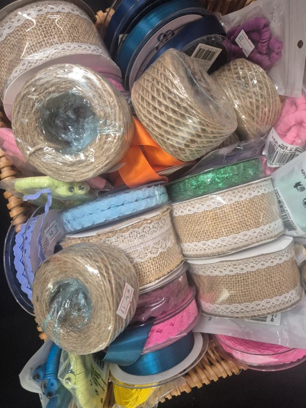Large Bundle of Craft Items: Ribbon, Twine, Hessian, Dye and Clay Beads