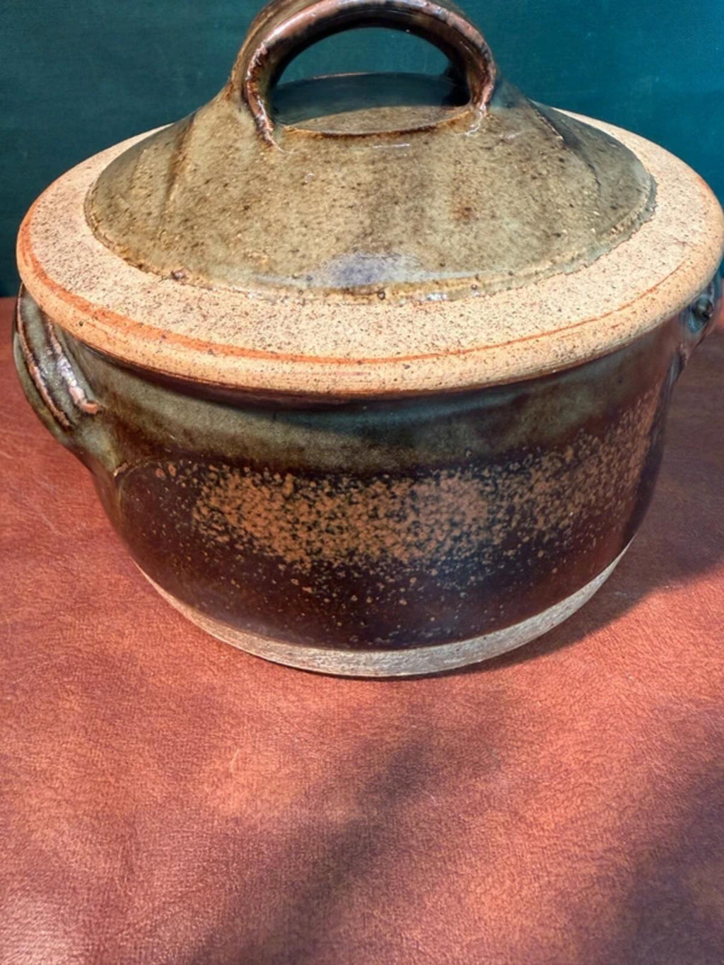Green and Brown Stoneware Dish with Lid