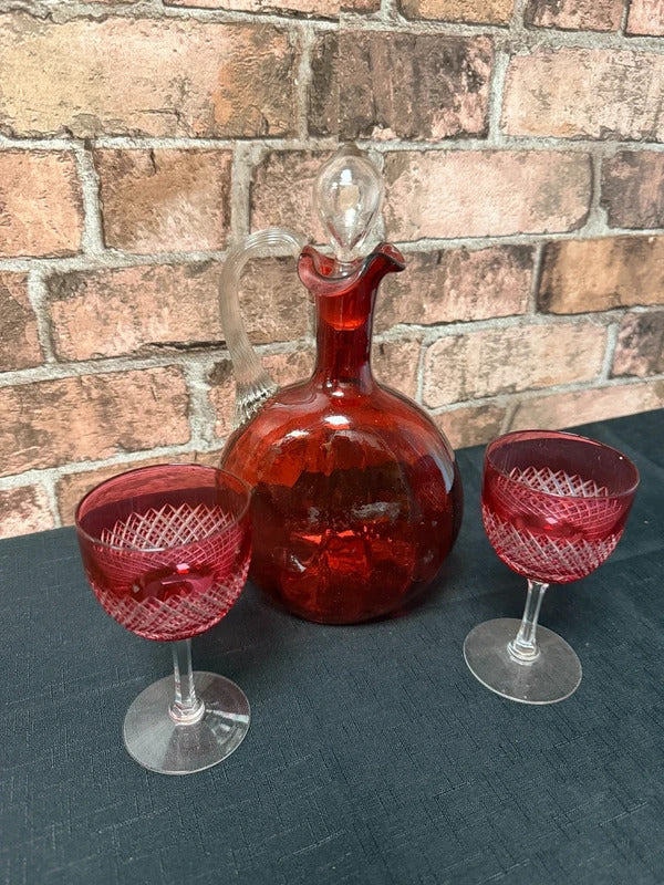Victorian Cranberry Glass Claret Jug and Two Glasses