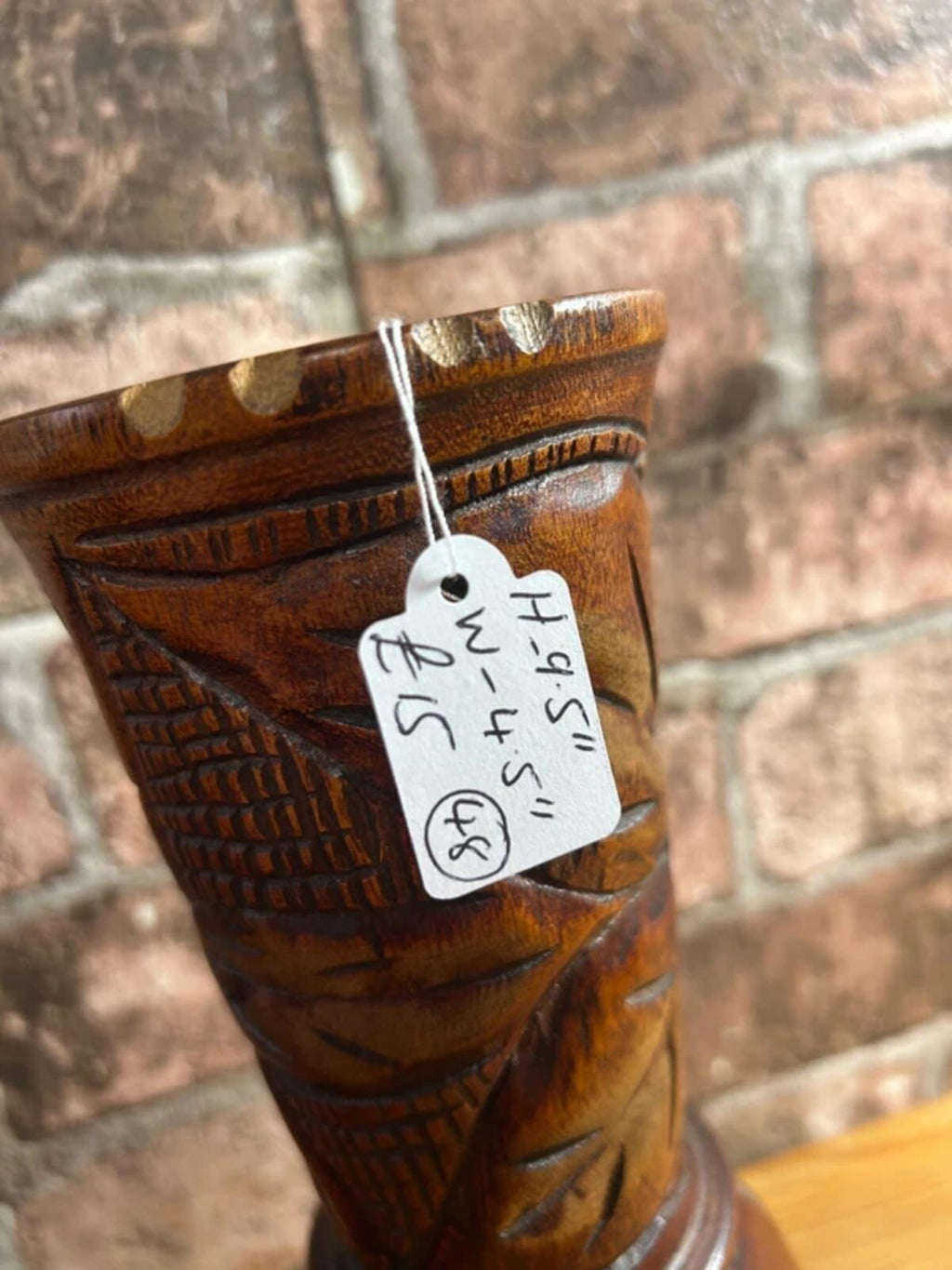 Vintage Hand Carved Wooden Vase (Floral Leaf Design)