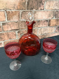 Victorian Cranberry Glass Claret Jug and Two Glasses