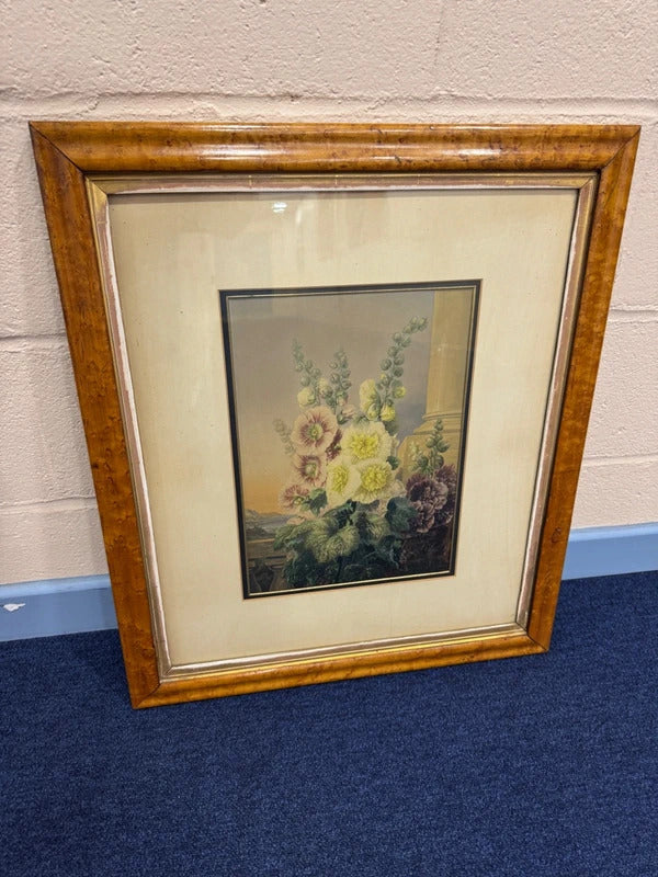 Vintage George Baxter 'Hollyhocks' Walnut Framed Print