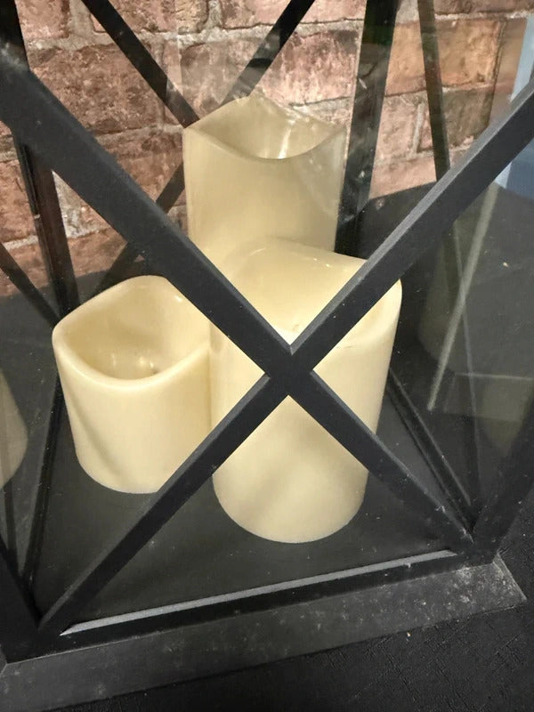 Black Plastic Lantern with Triple Flicker Battery Candles