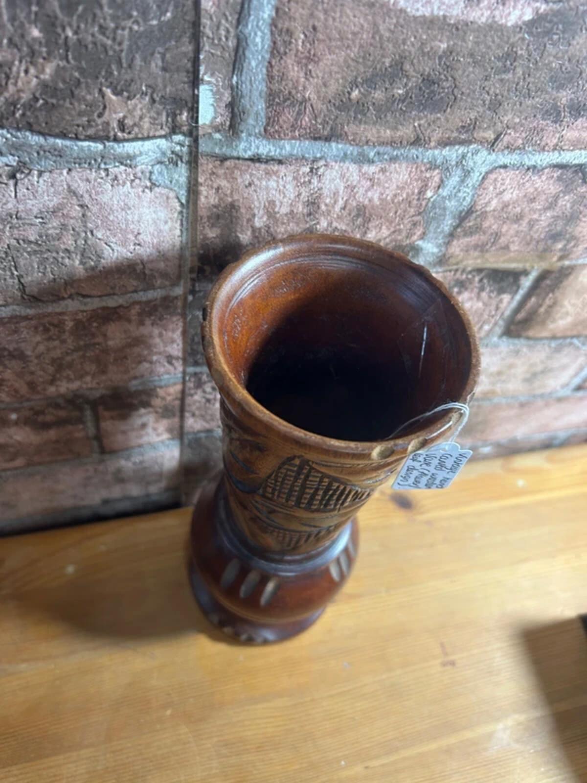 Vintage Hand Carved Wooden Vase (Floral Leaf Design)