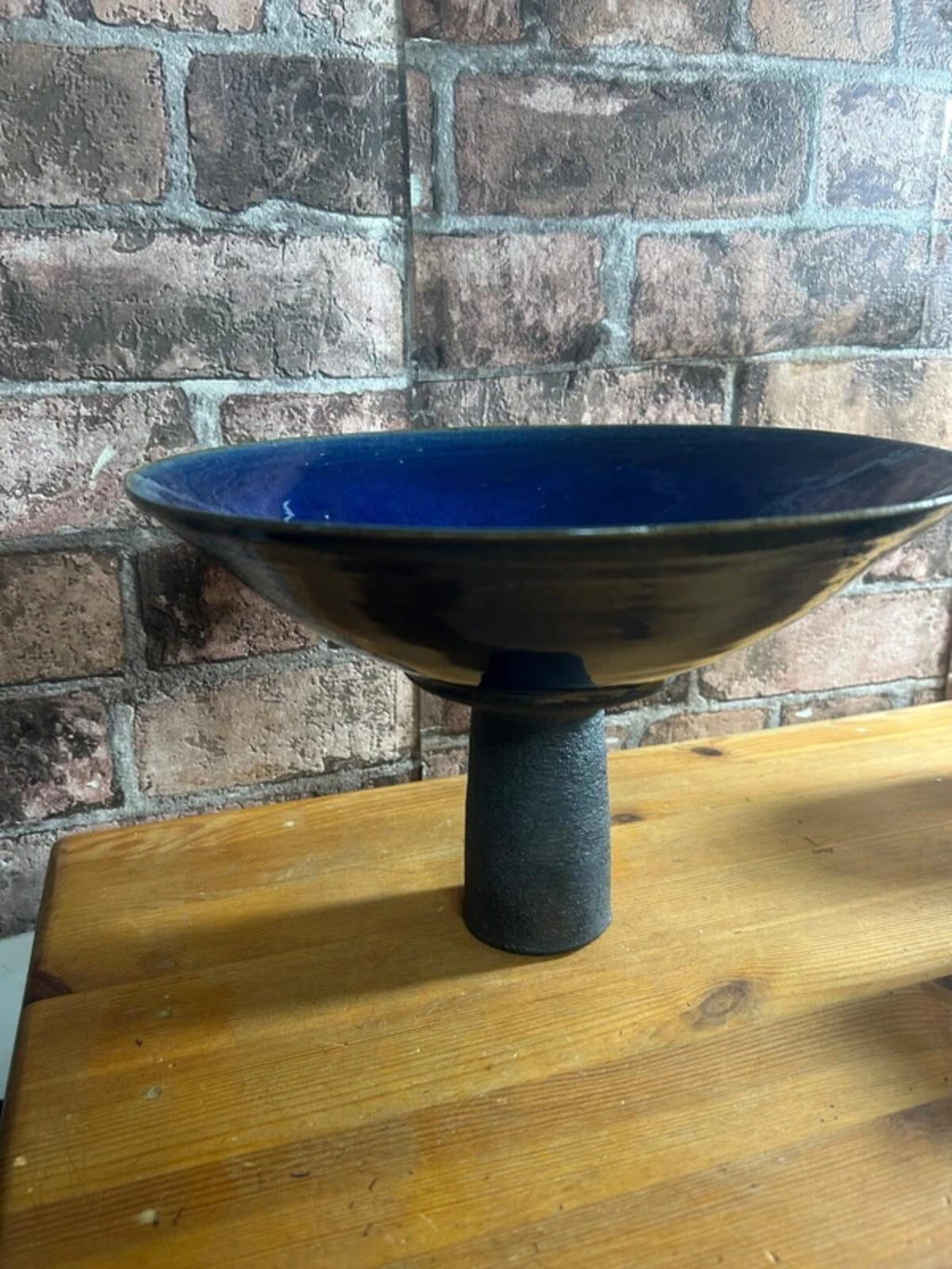 Tall Blue Ceramic and Metal Frosted Footed Bowl