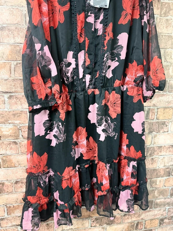 JD Williams Pink, Red and Black Floral Midi Dress - Size 24