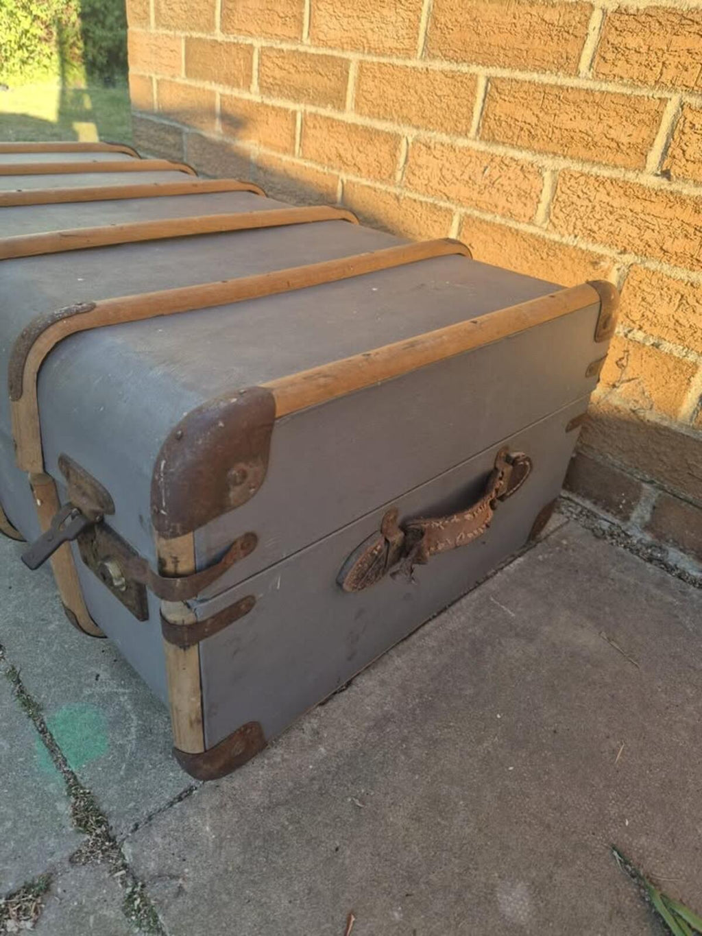 Vintage 1920's Blue and Bamboo Steamer Trunk