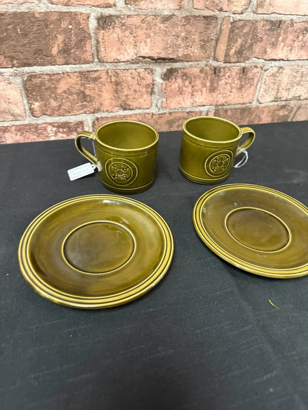 Crown Clarence Ironstone Green Cup and Saucer x 2 Set