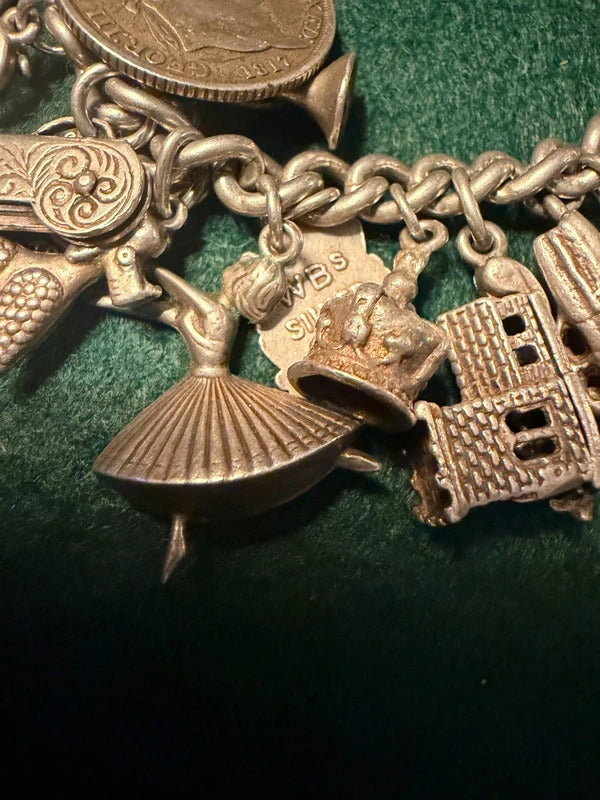 Antique Sterling Silver Charm Bracelet - 89.1g