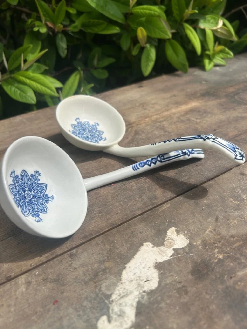 Pair of Vintage Ceramic Blue and White Tudor Pattern Ladles