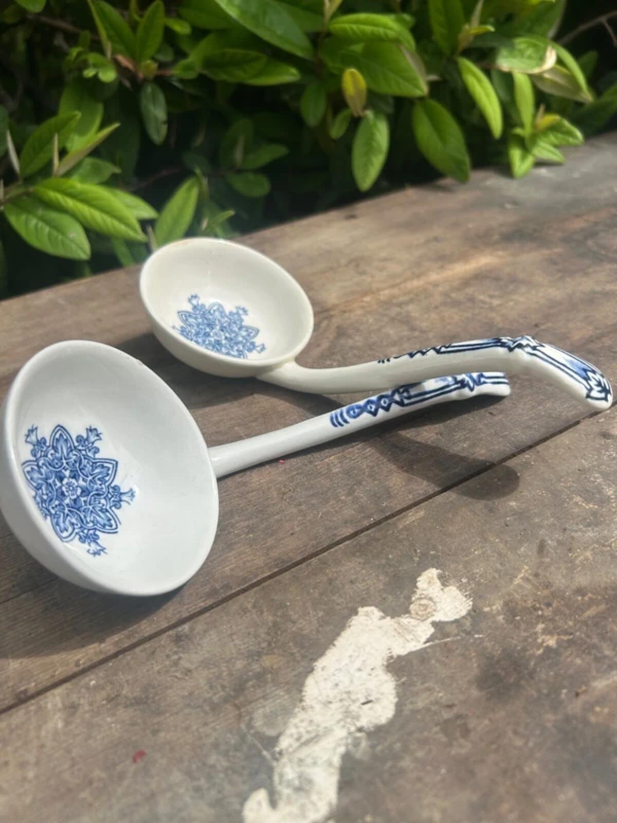 Pair of Vintage Ceramic Blue and White Tudor Pattern Ladles