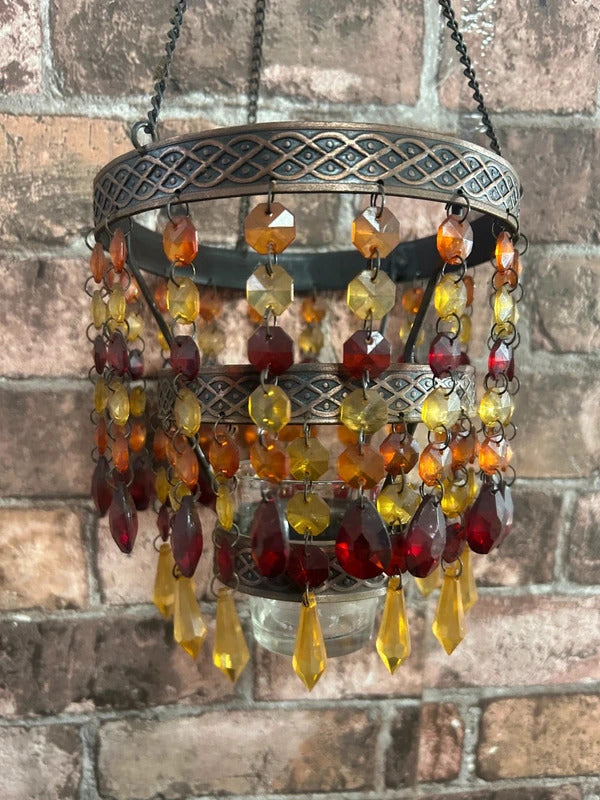 Bronzed Metal Hanging Beaded Tealight Holder