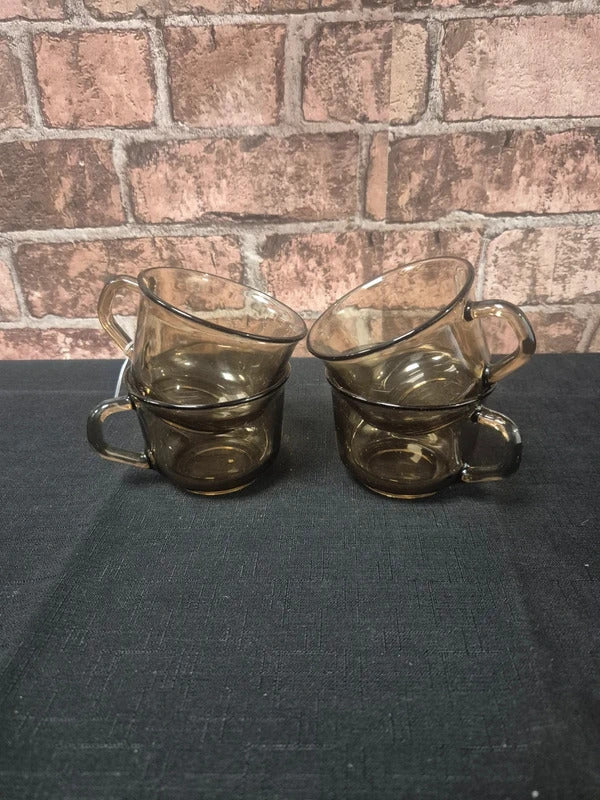 Set of 4 retro french smoked brown glass coffee mugs