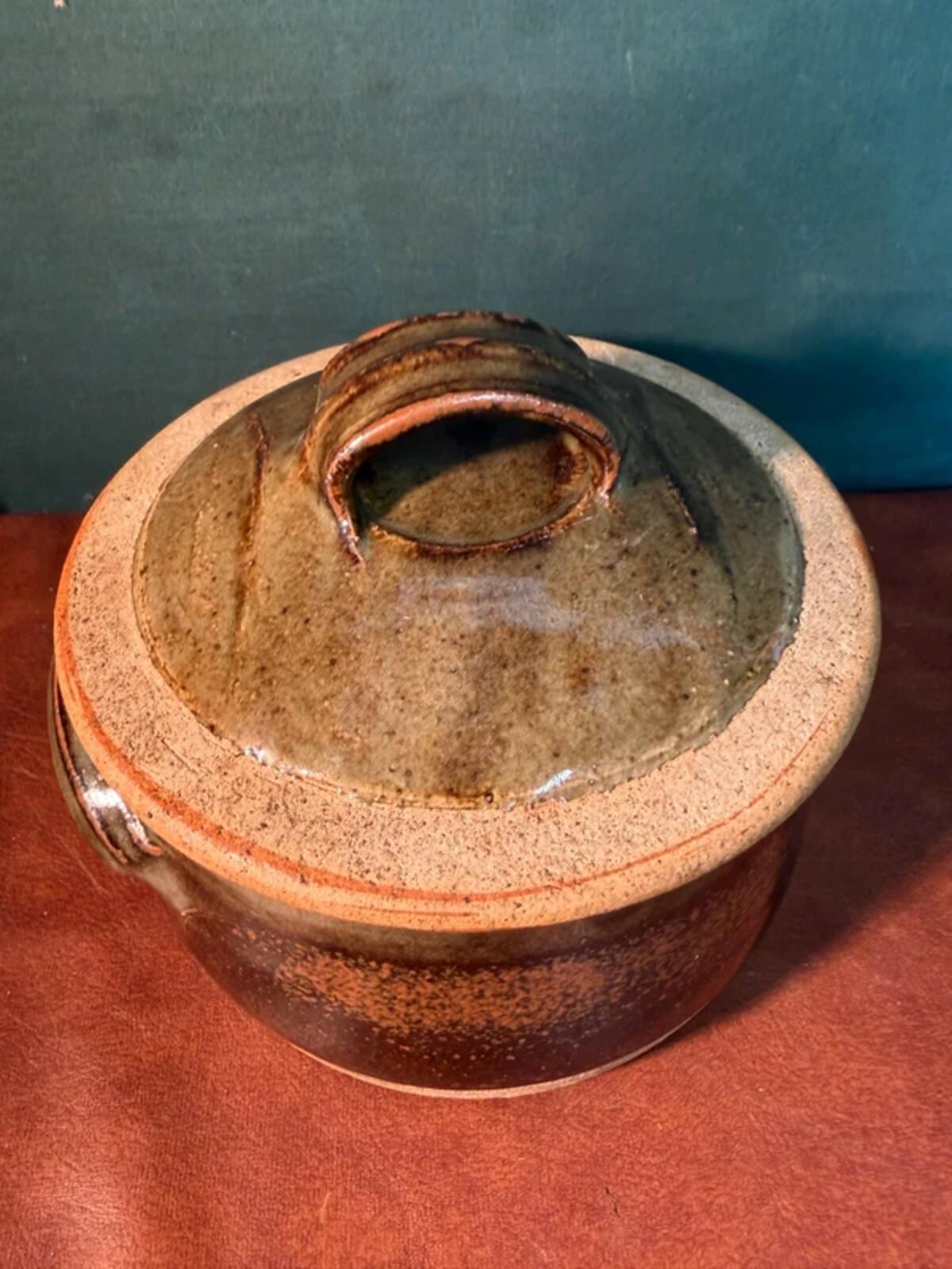 Green and Brown Stoneware Dish with Lid