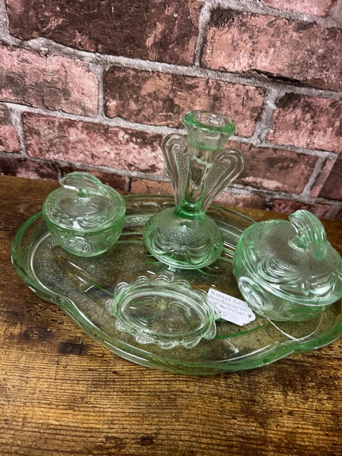Vintage Art Deco Bagley Rutland Green Glass Vanity Set