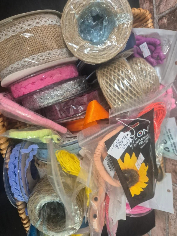 Large Bundle of Craft Items: Ribbon, Twine, Hessian, Dye and Clay Beads