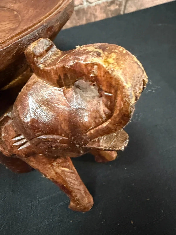 Hand Carved Round Wooden Fruit Bowl/Elephant Base
