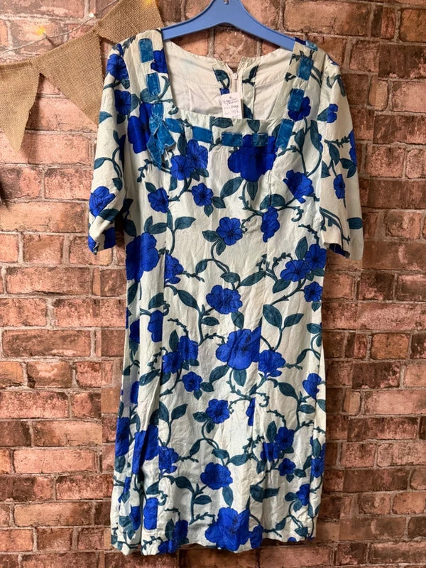 Vintage Blue Floral Dress - Size 12