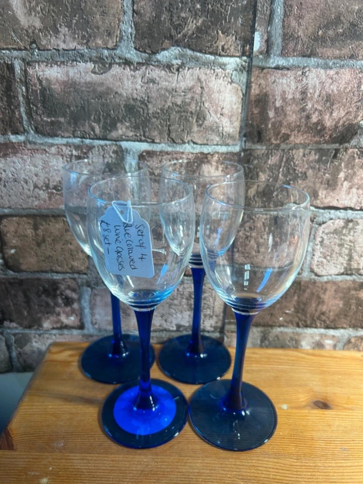 Set of Four Vintage Blue Wine Glasses