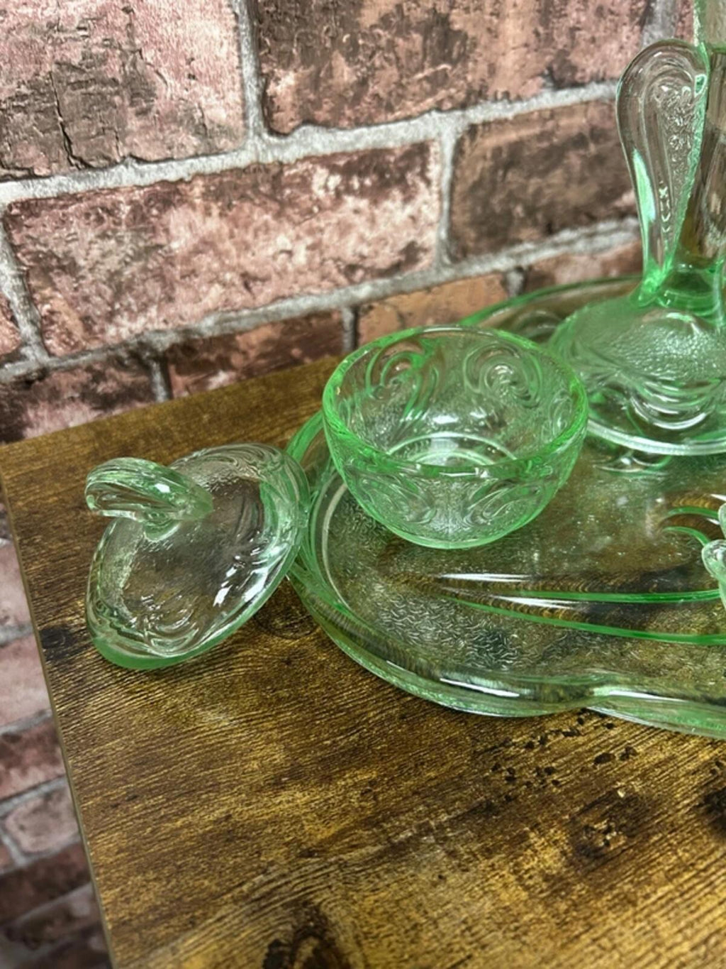 Vintage Art Deco Bagley Rutland Green Glass Vanity Set
