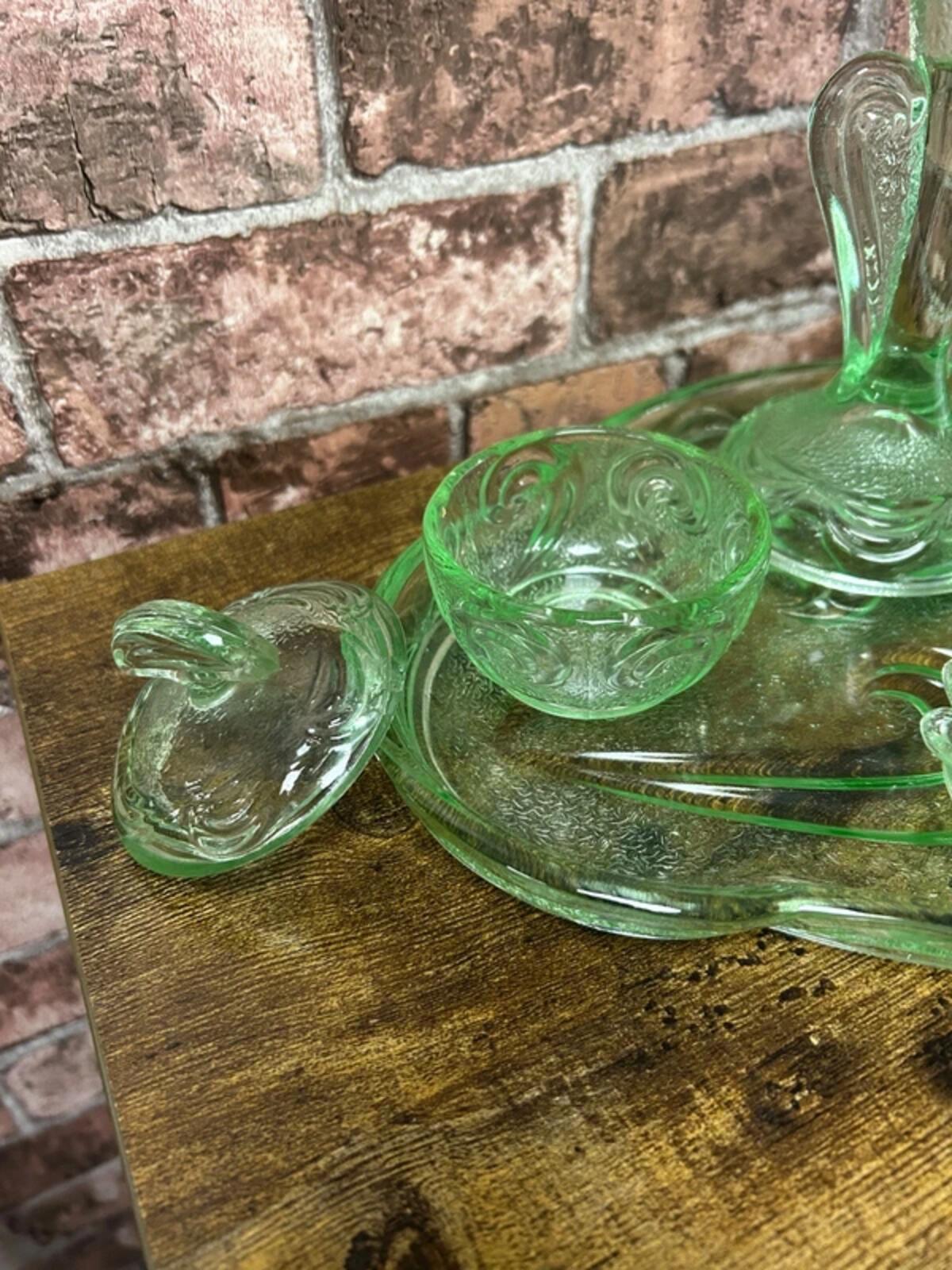 Vintage Art Deco Bagley Rutland Green Glass Vanity Set