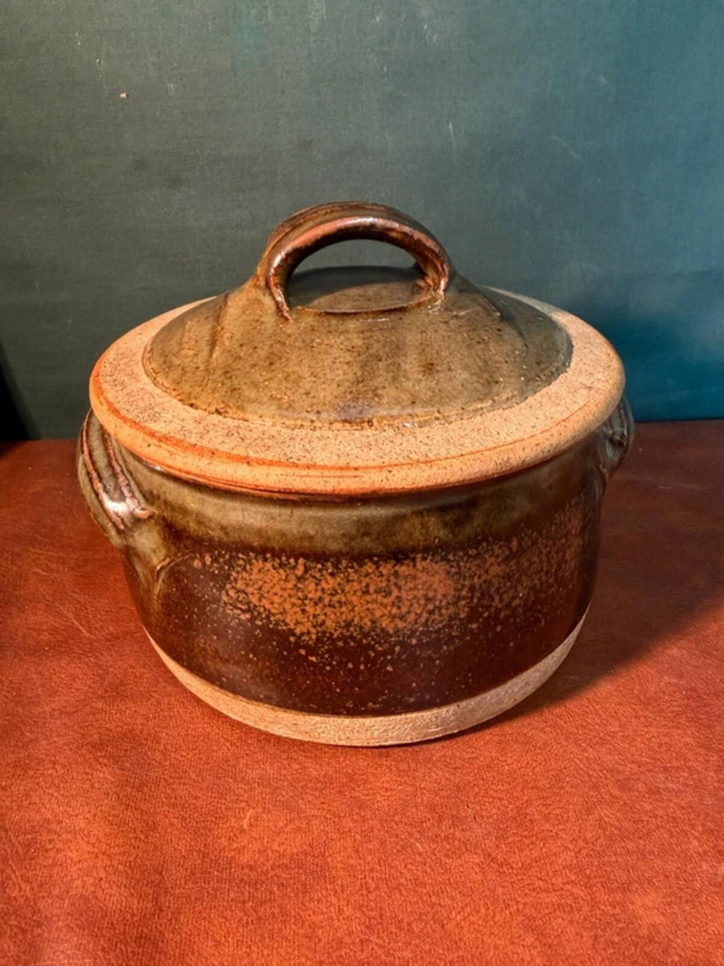 Green and Brown Stoneware Dish with Lid