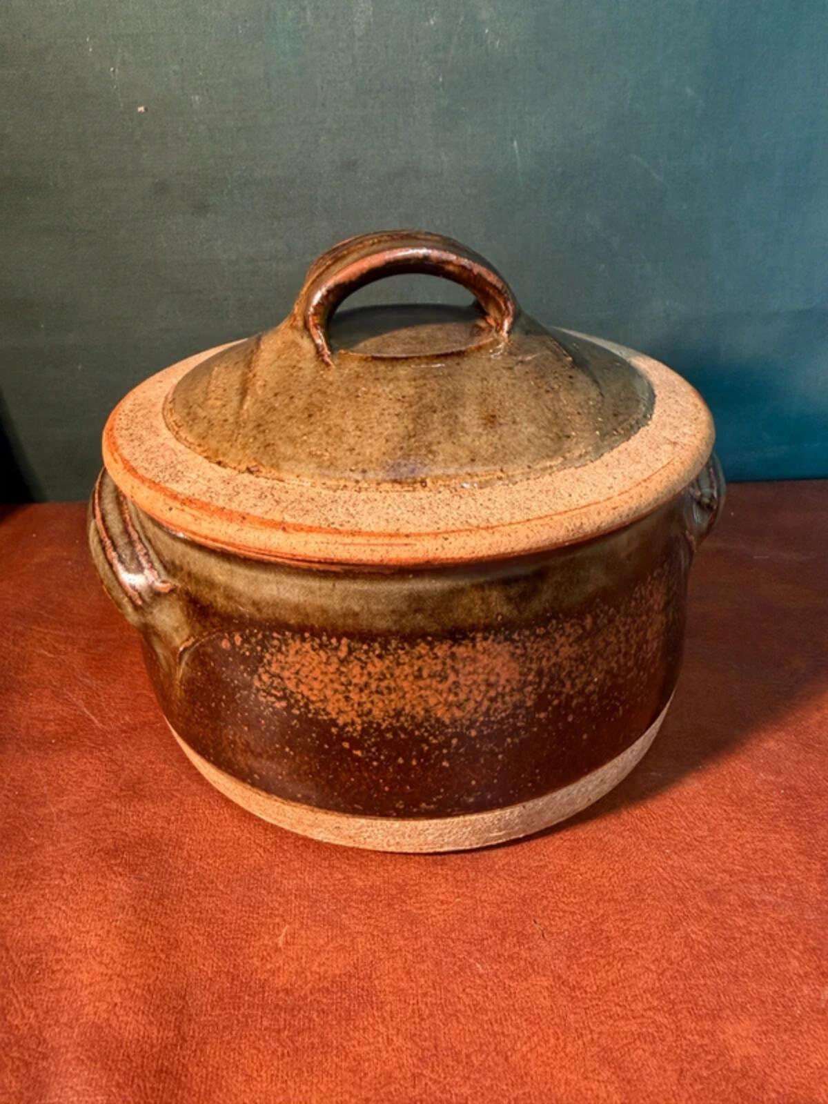 Green and Brown Stoneware Dish with Lid