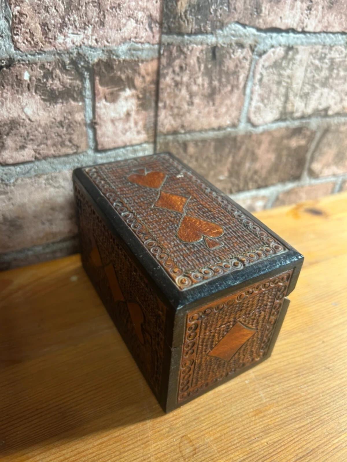 Vintage Wooden Carved Playing Cards Box