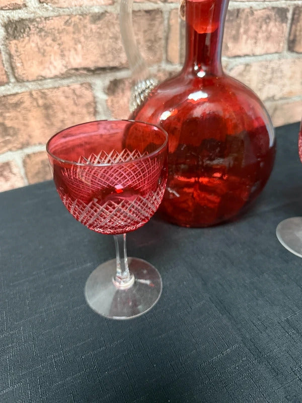 Victorian Cranberry Glass Claret Jug and Two Glasses
