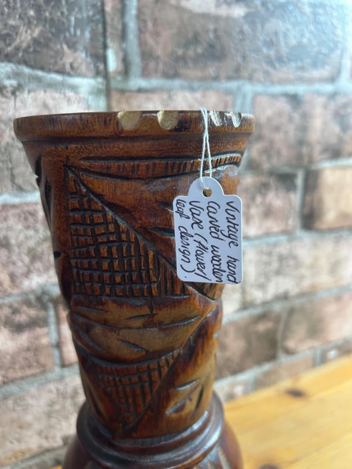 Vintage Hand Carved Wooden Vase (Floral Leaf Design)
