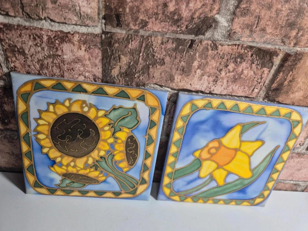 Pair of hand painted silk tiles